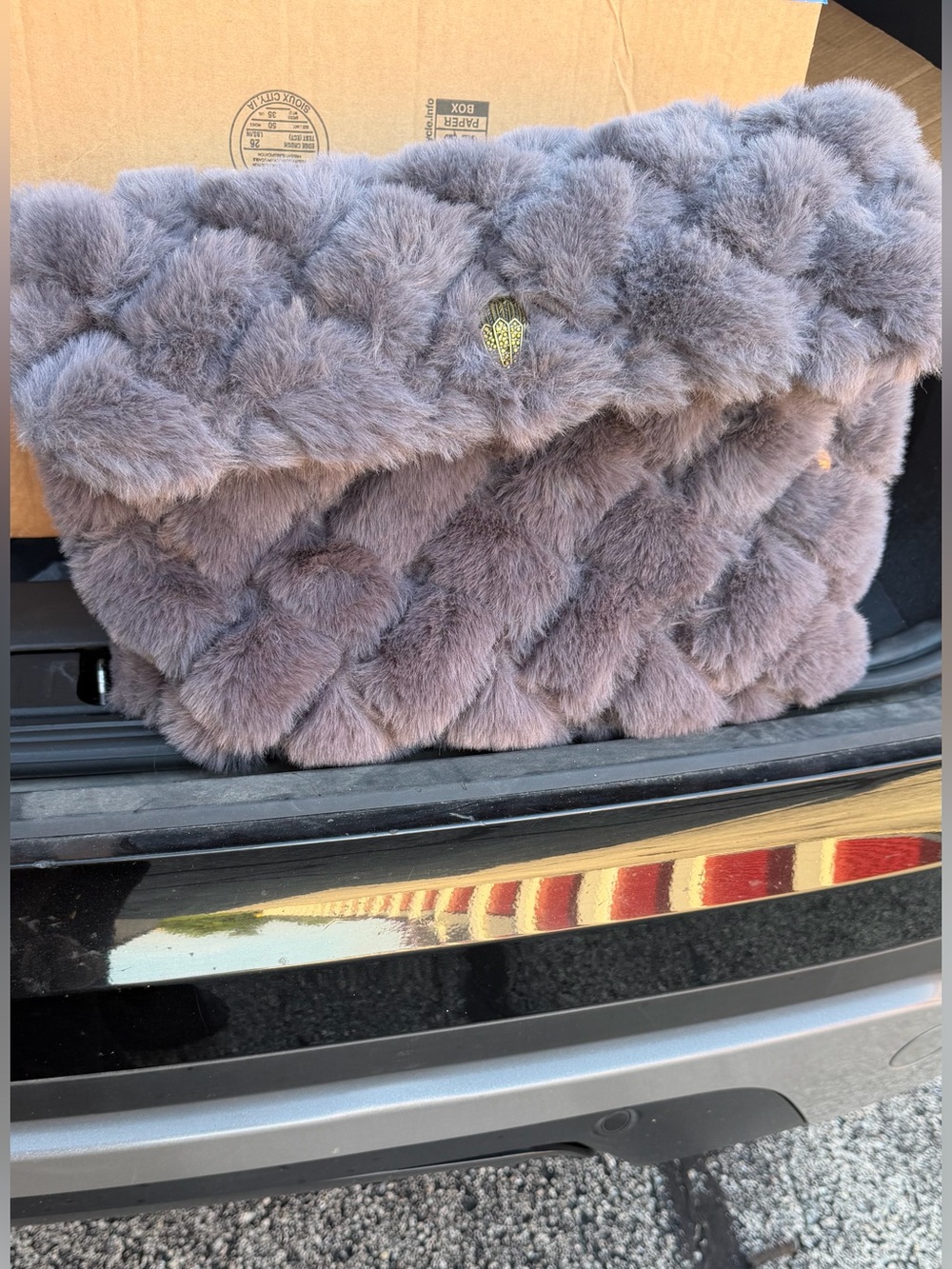 Kurt Geiger Plush Quilted Faux Fur Clutch in Gray - Picture 1 of 6